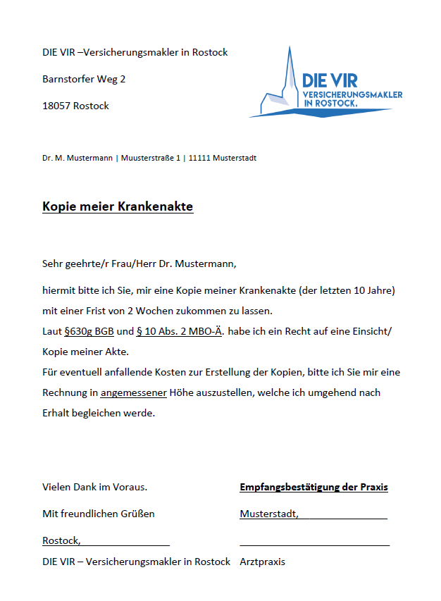 Schreiben zur Anforderung einer Kopie der Patientenakte von DIE VIR - Versicherungsmakler in Rostock